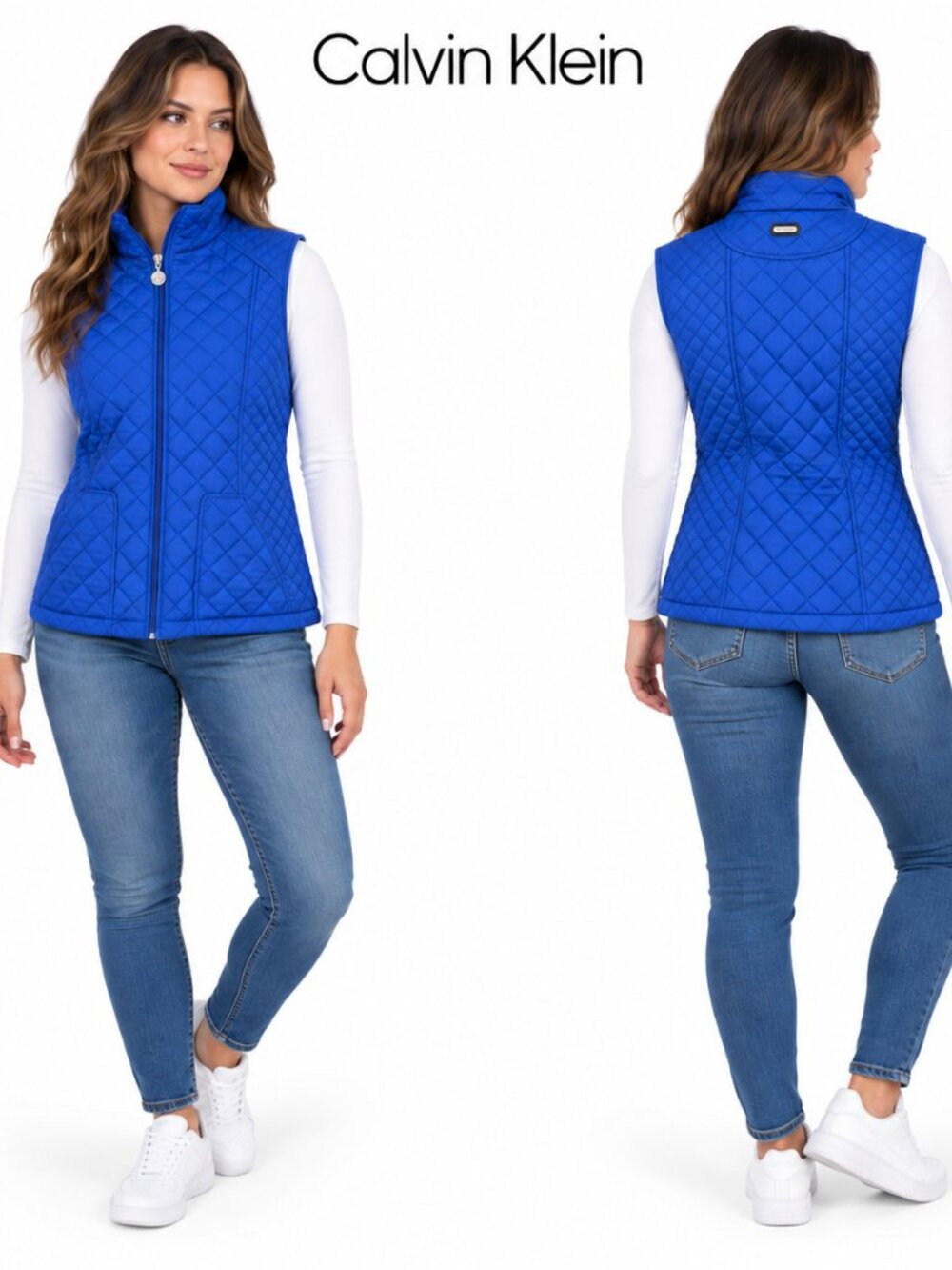 Calvin Klein Womens Royal Blue Diamond Quilted Zip Front Vest Size M